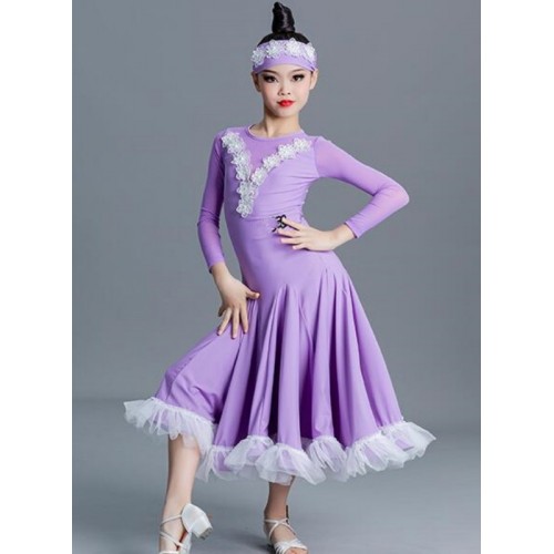 Girls kids black purple lace flowers ballroom dance dresses waltz tango foxtrot smooth dance long gown for children